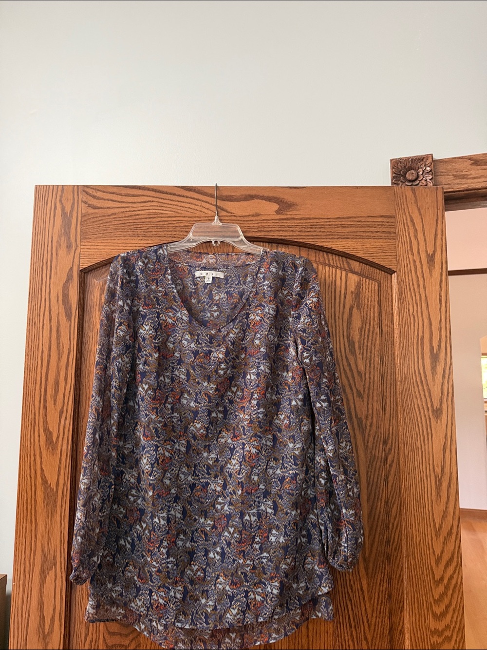 CAbi Multi Floral V-Neck Long-Sleeve Blouse - Blue, Brown, Cream